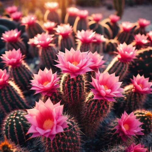 Żywe zdjęcie promiennych różowych kaktusów w ogrodzie skąpanych w złotym świetle leniwego popołudnia.