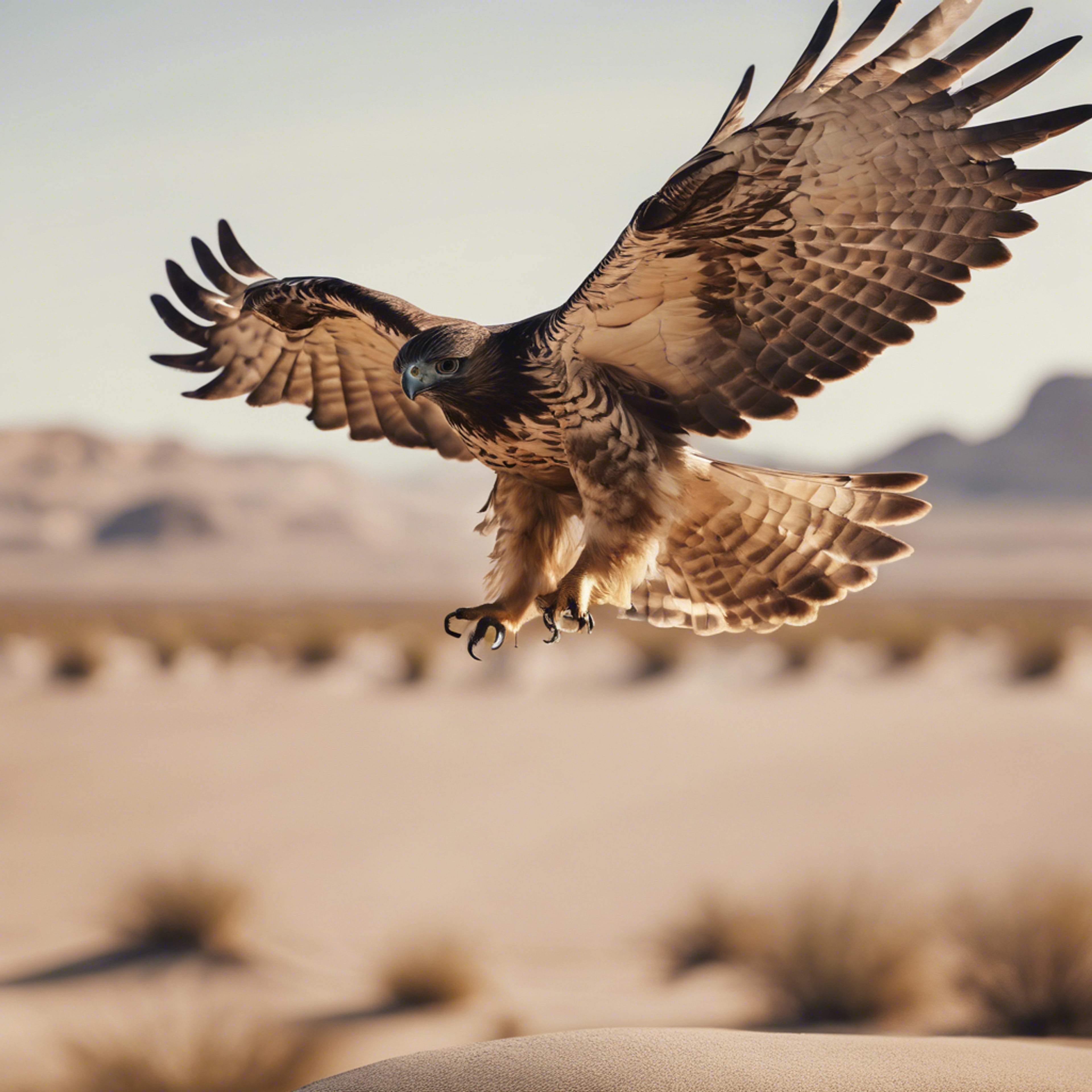 A hawk taking flight from its perch in a cool beige desert landscape.壁紙[f9770860966b45f09558]