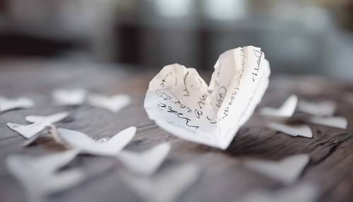 Ein Stück weißes herzförmiges Papier mit handgeschriebenen Liebesbotschaften in schwarzer Tinte.
