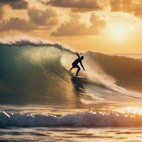 A lone surfer riding a tall, powerful wave in a beautiful tropical ocean, against a backdrop of a setting sun.