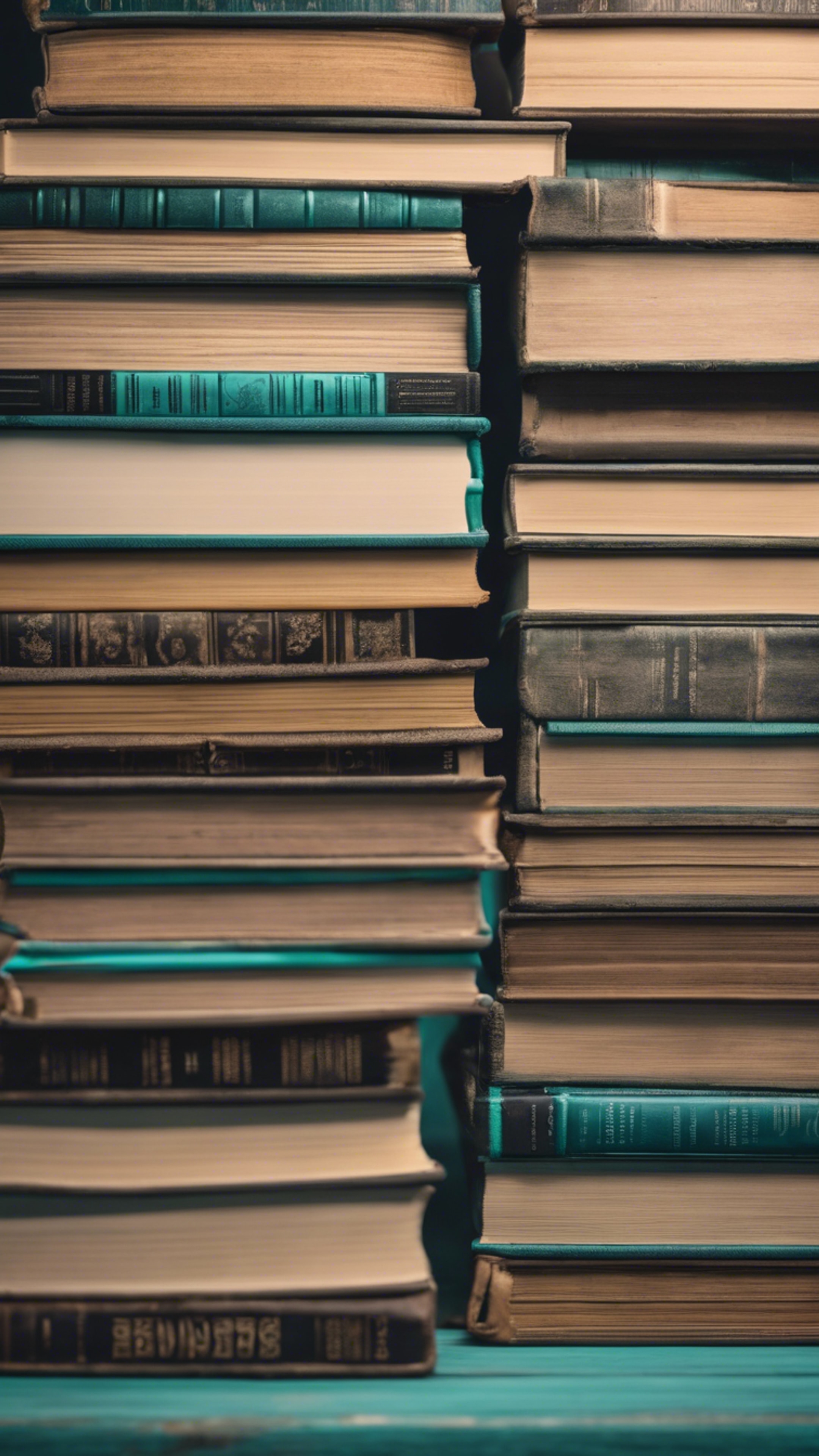 A stack of hardcover books with cool teal book jackets on a wooden table. Wallpaper[bfe0116fe49a422a95e4]