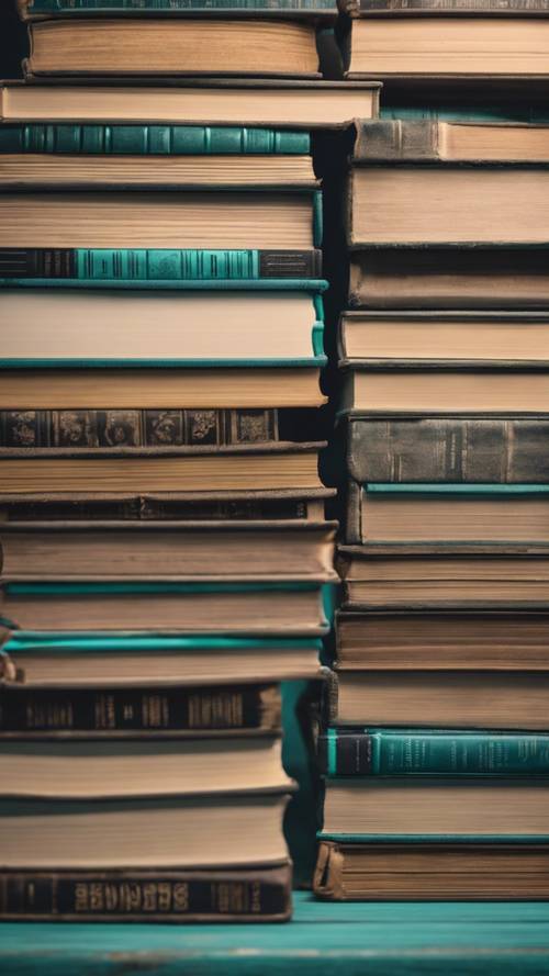 كومة من الكتب ذات الأغلفة الصلبة مع أغلفة كتب باللون الأزرق المخضر الرائع على طاولة خشبية.
