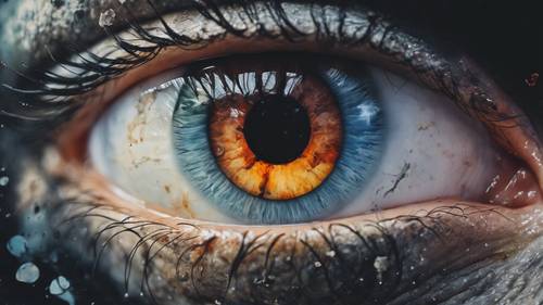 Lukisan cat air yang nyata tentang mata yang berubah menjadi lubang hitam yang menakutkan.