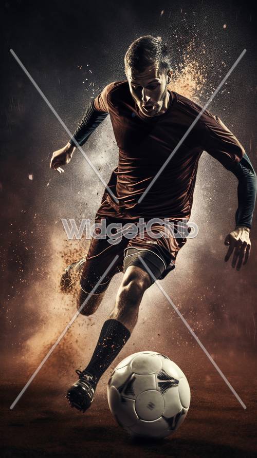 Joueur de football dynamique en action sur un terrain poussiéreux