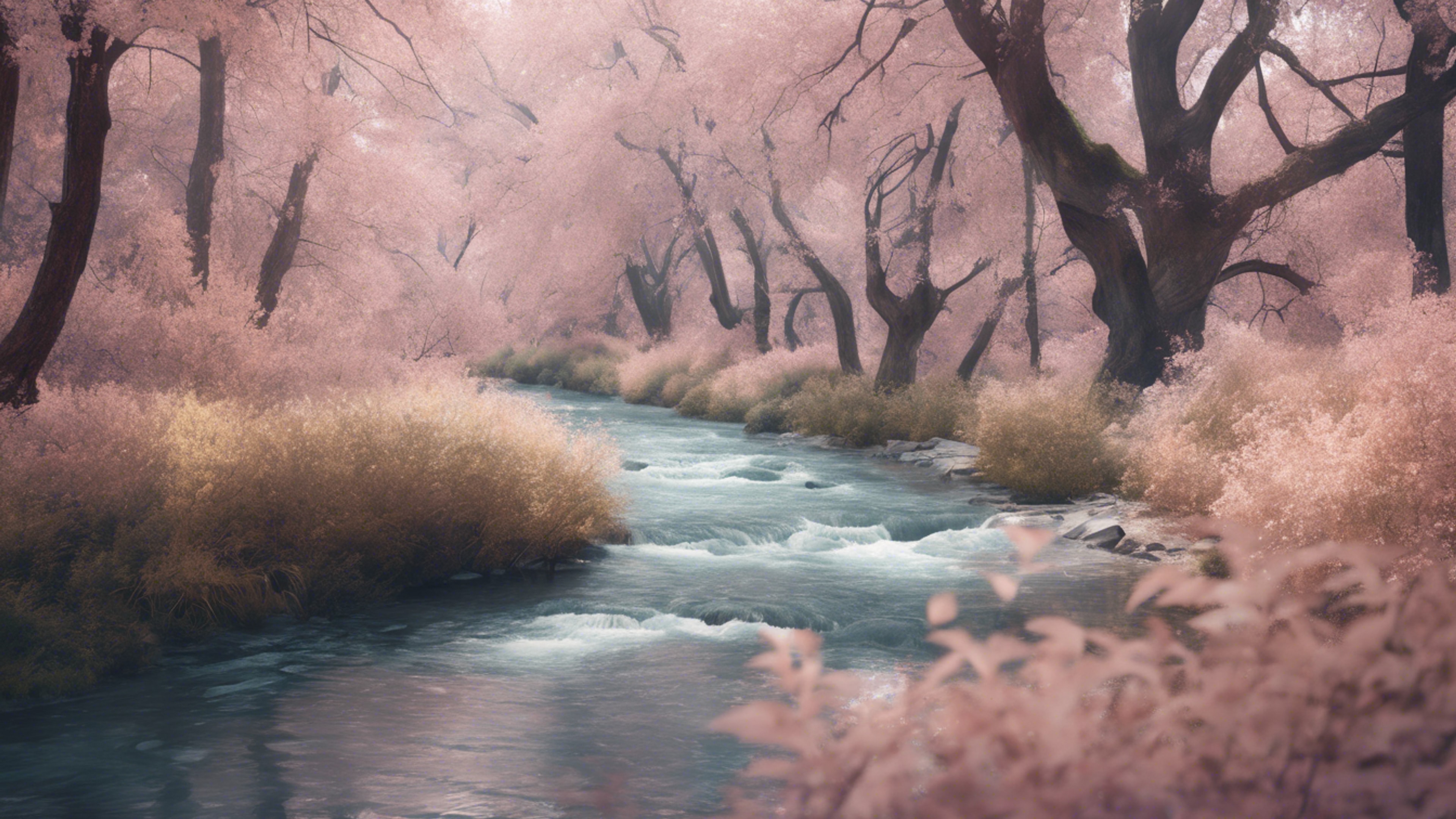 An illustration of a murmuring creek, surrounded by trees bearing cool pastel leaves. Wallpaper[1b082a297a56458ebf1b]