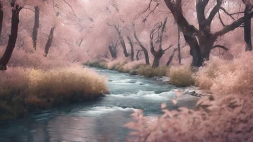 Ilustracja przedstawiająca szemrzący potok otoczony drzewami z chłodnymi pastelowymi liśćmi.