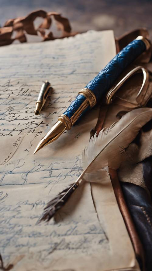 棕色日記本的藍色絎縫封面打開，上面放著一支古董羽毛筆。