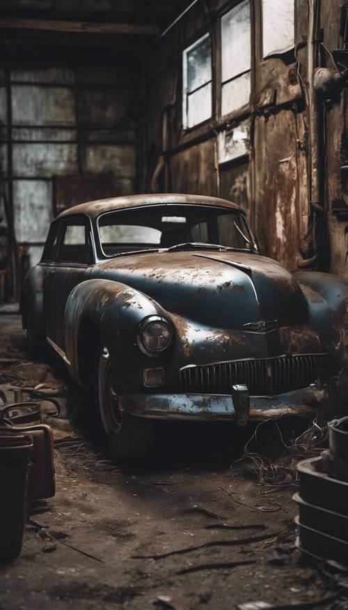 Carro escuro noir vintage escondido em uma garagem enferrujada.