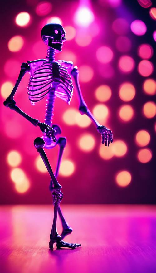 A vibrant pink skeleton dancing in a disco under shimmering disco lights.