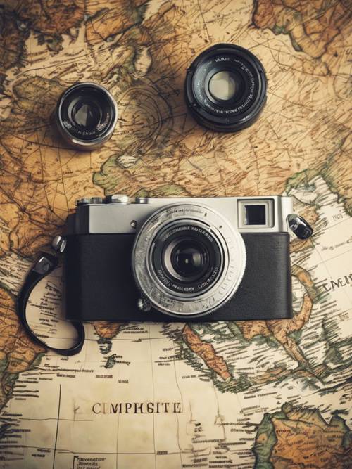 Eine Kompaktkamera im Vintage-Design, platziert auf einer Weltkarte, um Reisegeist zu vermitteln.