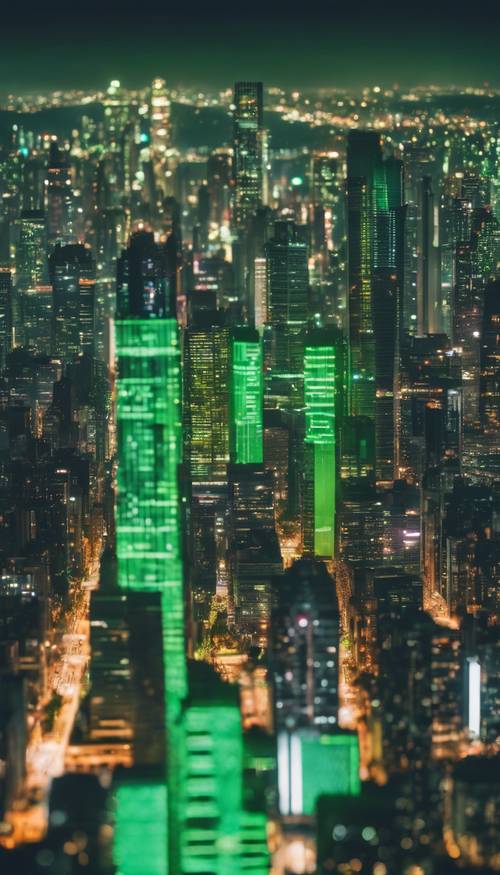 A vibrant city skyline at night, awash with green lights giving off a funky vibe