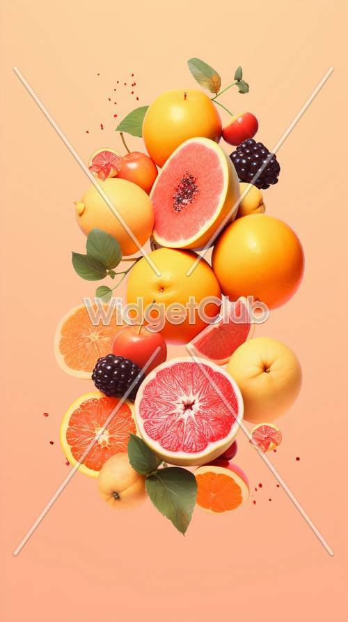 色とりどりの柑橘類がピーチ色の背景に落ちてくる 壁紙