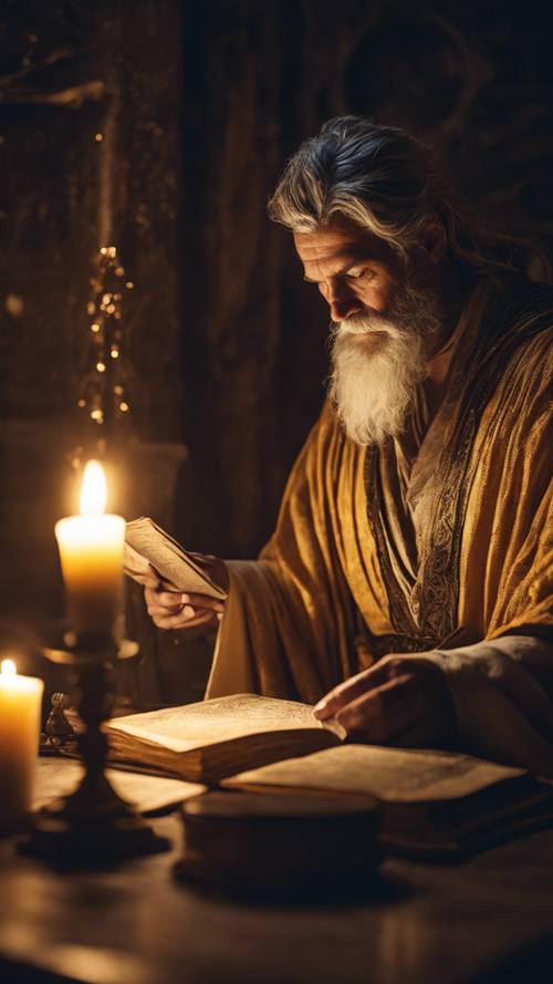 Un antiguo y poderoso hechicero vestido con una túnica dorada, leyendo un libro de hechizos a la luz de las velas.