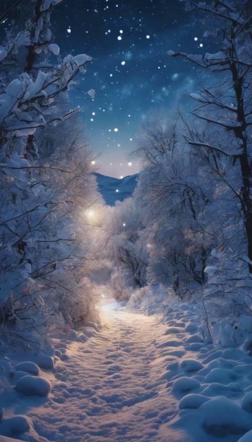 Uma pitoresca paisagem de inverno de noite azul aveludada repleta de estrelas radiantes.