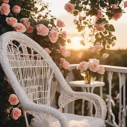 Close-up of a white wicker chair on a cottage porch overlooking a blossoming rose bed and the golden setting sun.