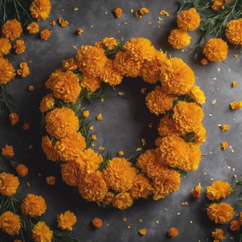 A wreath made of marigold flowers dusted with a spray of gold