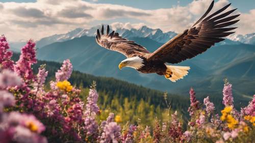 Uma águia voando sobre uma cordilheira que explode com as cores de várias flores da primavera e árvores florescendo.