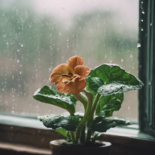 Una flor de gloxinia color canela con exuberantes hojas verdes en el alféizar de una ventana lluviosa.