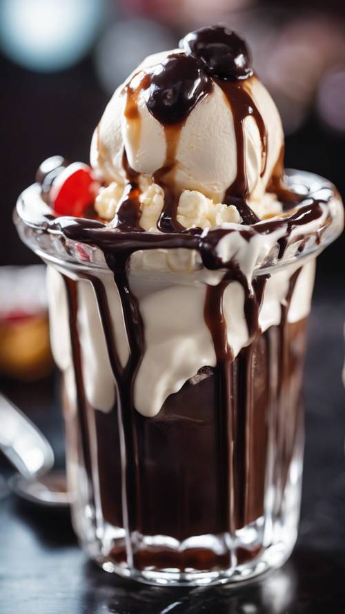 A close-up of an ice cream sundae with hot fudge sauce and whipped cream.