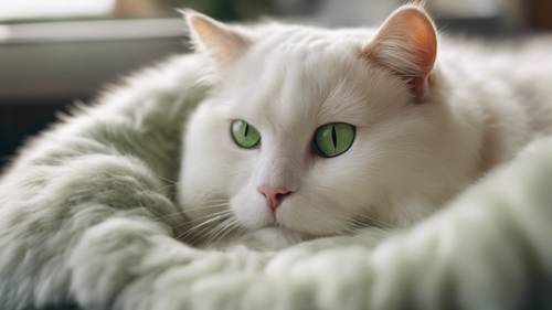 A close-up image of a green-eyed, white fur cat curled up in a cozy bed.