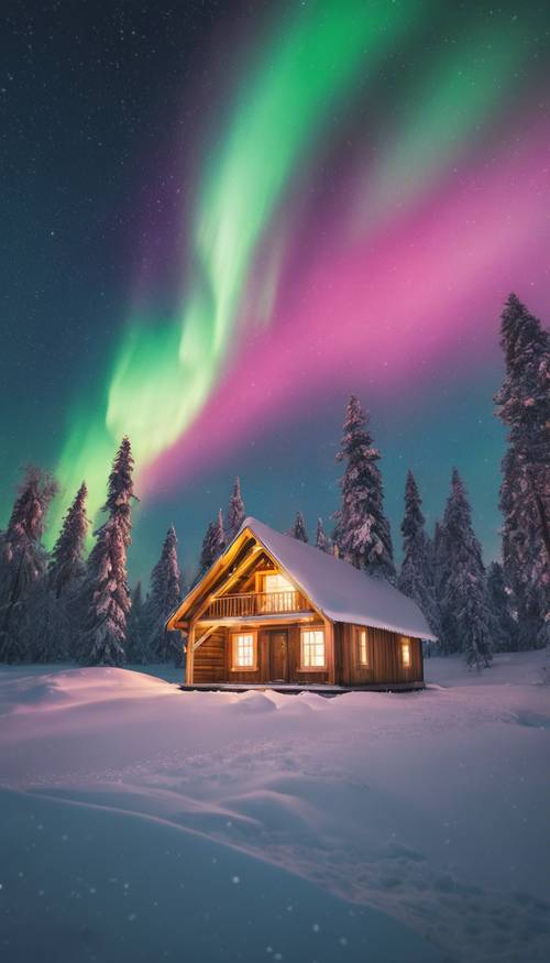 Bunte Nordlichter tanzen über einer schneebedeckten Landschaft mit einer weißen Holzhütte, die von innen warm beleuchtet ist.