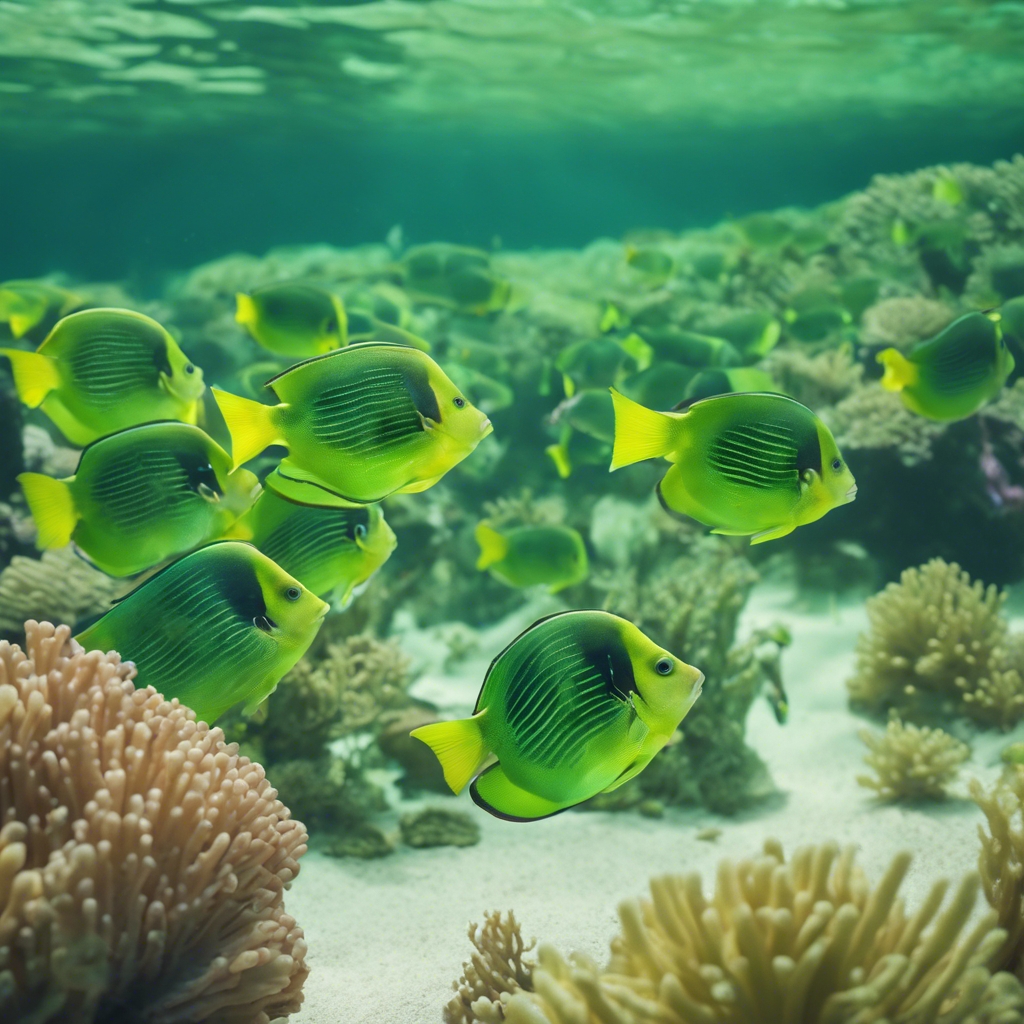 A school of lime green tropical fish swimming in perfect harmony in clear emerald waters of a coral reef. duvar kağıdı[09562a864f53430b9c0a]