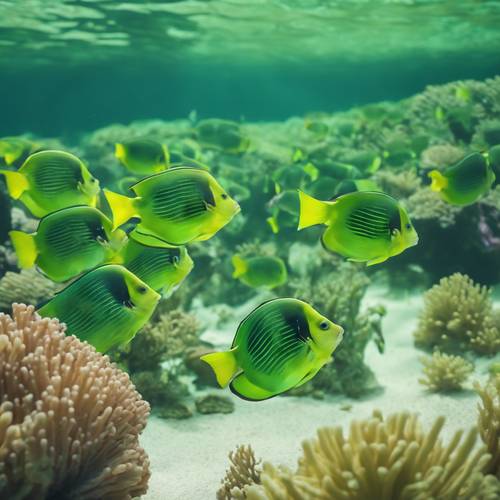 ライムグリーンの熱帯魚が美しいサンゴ礁の透明なエメラルド色の水中で調和して泳ぐ壁紙