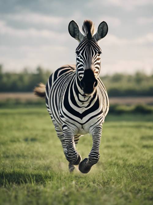 An animated zebra galloping full tilt across a green grassy field.