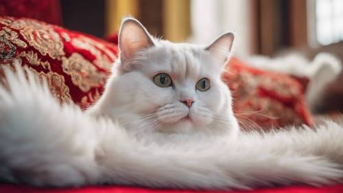 Um gato branco da raça Chinchila, descansando preguiçosamente em uma almofada de veludo vermelho em uma sala repleta de tapetes persas vibrantes.