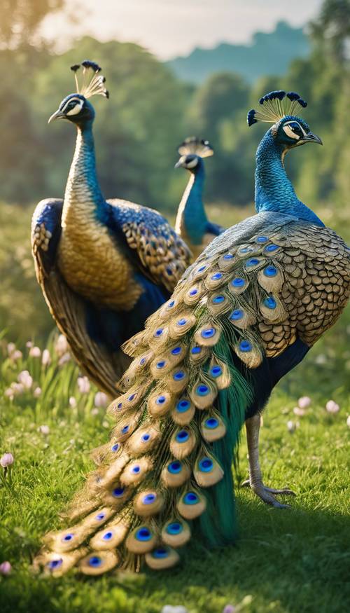 Three golden peacocks prancing around in a lush meadow with iris flowers.