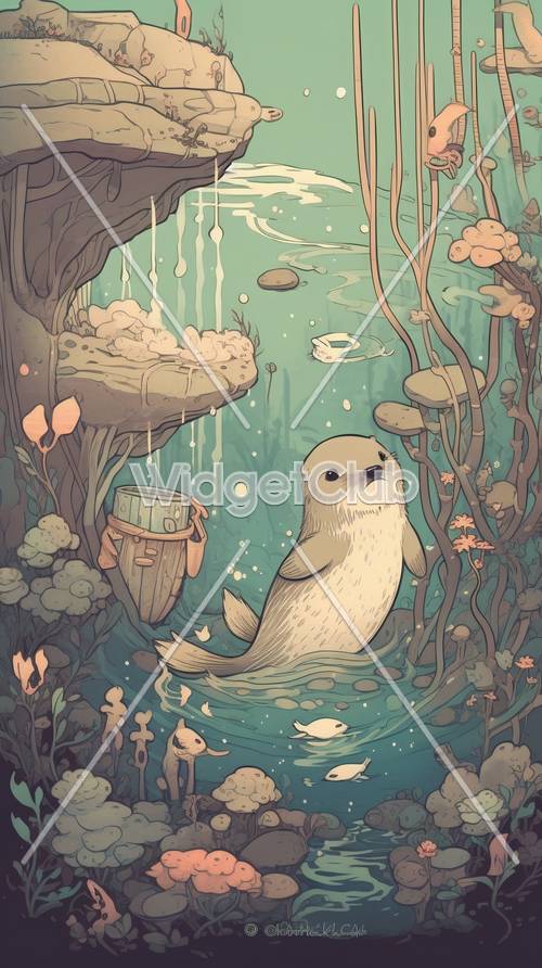 Enchanted Forest and Playful Otter Underwater Scene