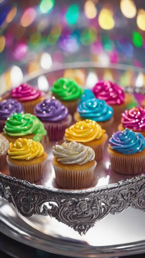 An array of rainbow colored cupcakes on a glittering silver tray