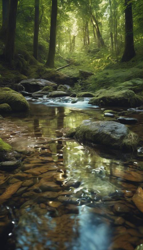 Un ruscello cristallino che scorre attraverso una foresta, in un&#39;ombra silenziosa, registrando le note sottili della sinfonia estiva.