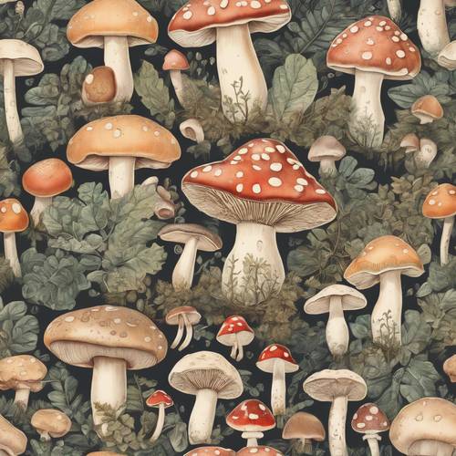 Vintage-style botanical illustration presenting a variety of mushroom species, each with cute kawaii faces.