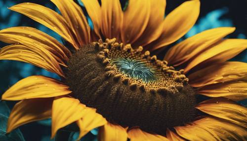 A sunflower artfully painted on a canvas where each petal radiates with vibrant colors.