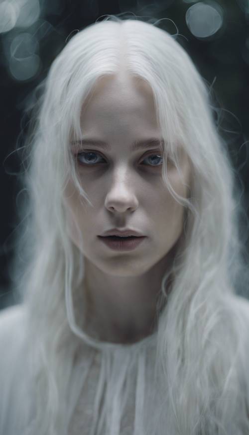 Porträt einer geisterhaft blassen Frau mit leeren schwarzen Augen, langen, wallenden weißen Haaren und durchscheinender Haut.