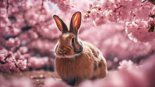 선명한 분홍빛 꽃잎에 둘러싸인 벚꽃 축제 속의 토끼.