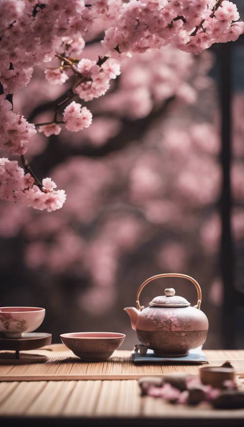 Upacara minum teh tradisional Jepang dengan motif bunga sakura merah muda.