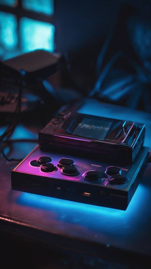 Um console de jogos holográfico azul neon flutuando em um quarto escuro.