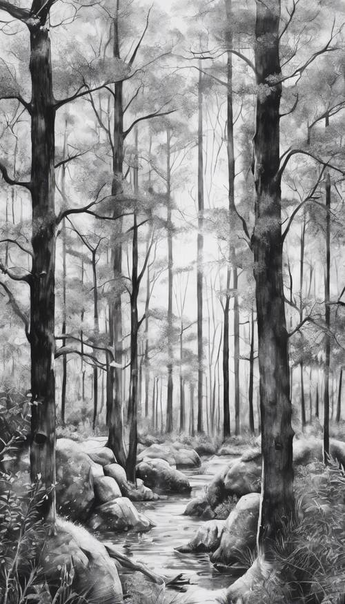 Lukisan cat air hitam putih yang sangat detail tentang hutan yang tenang.