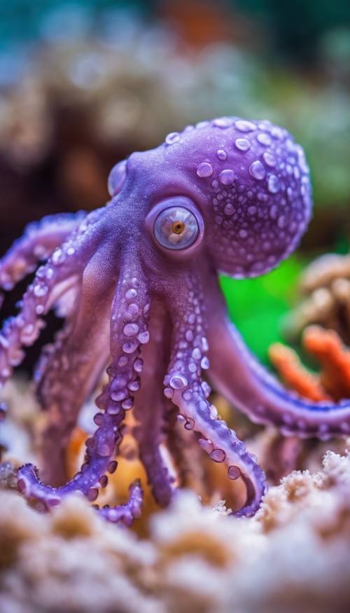A baby octopus, displaying its lavender color contrasted against a background full of vibrant coral.