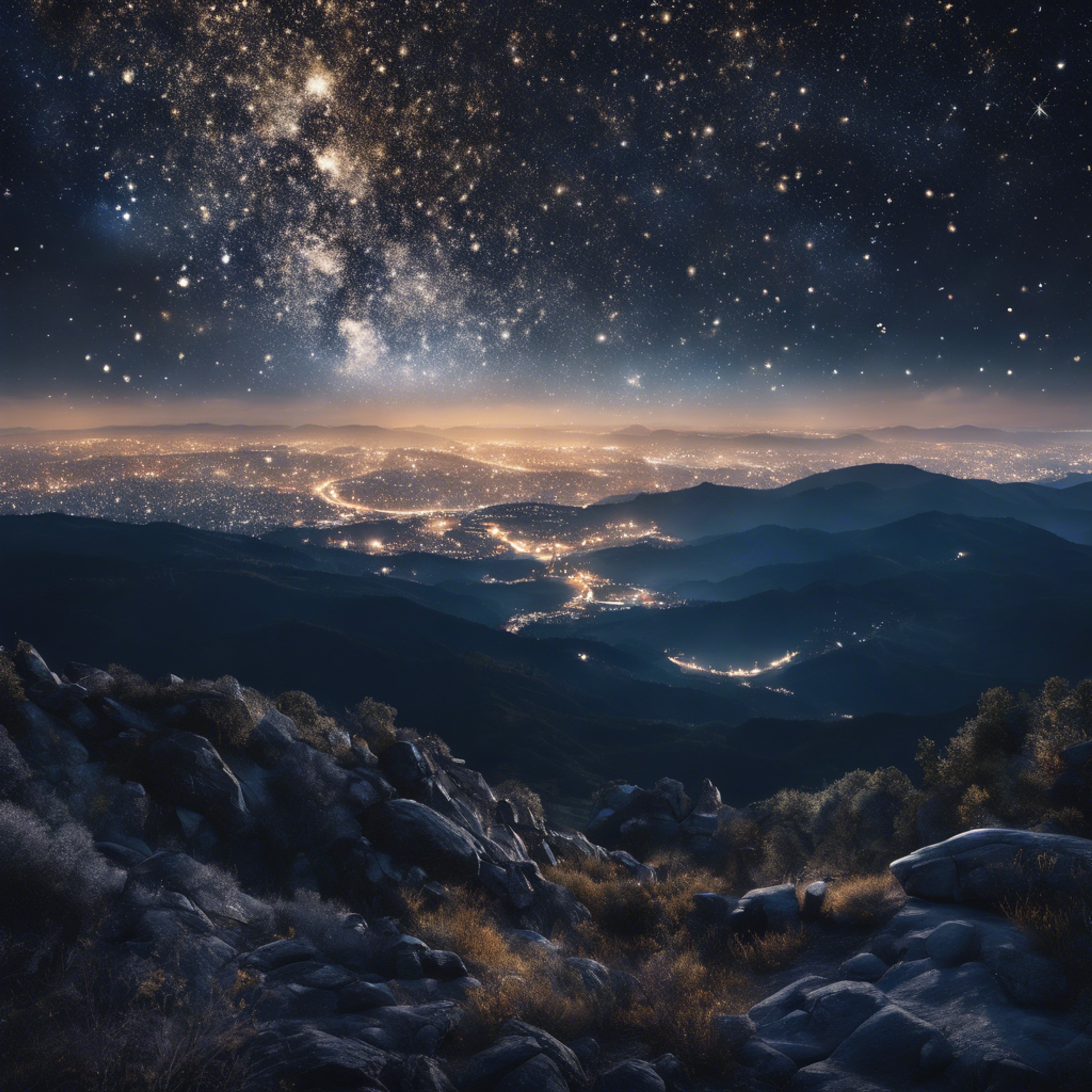 A midnight scene viewed from a tall mountain, showcasing millions of glittering stars embedded in the vast canvas of the night sky.壁紙[5aeeb7a05a85407b9436]