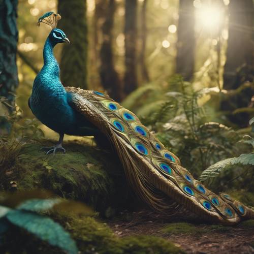 A whimsical creature composed of snake and peacock, navigating through a fairy tale forest.