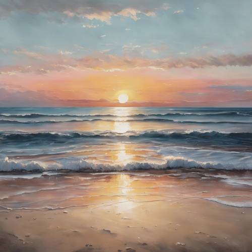 Uma pintura suave e minimalista de uma praia durante o pôr do sol.