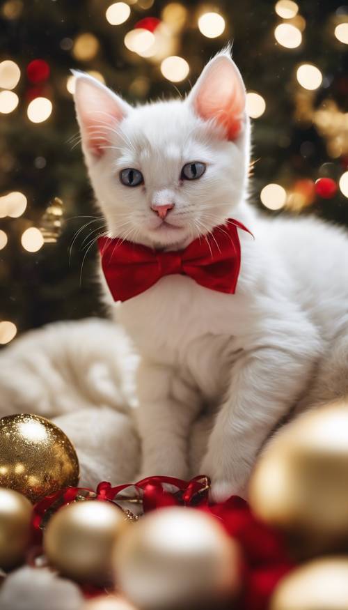 Um adorável gatinho branco, usando uma gravata borboleta vermelha, dormindo ao lado de uma festiva árvore de Natal dourada e branca.