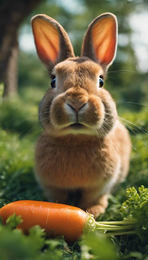 A cheery tan bunny, with ears perked up, nibbling on a bright orange carrot in a lush, green garden.