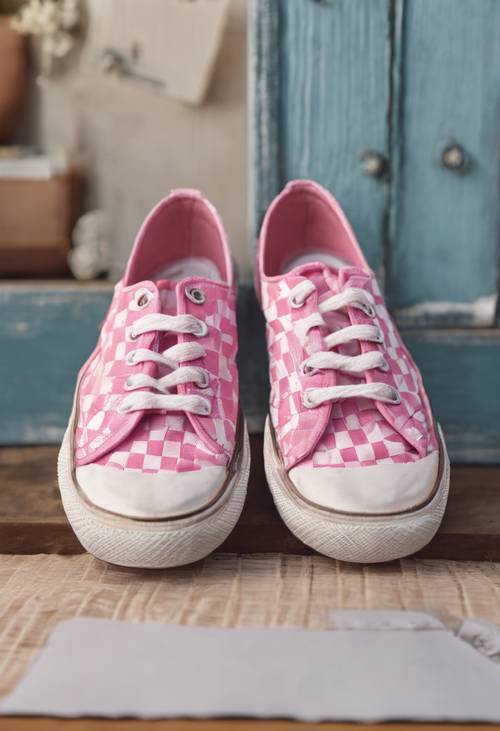 Un paio di scarpe di tela a quadretti rosa per un tema di ritorno a scuola.