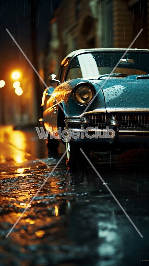 Noite chuvosa com carro azul clássico