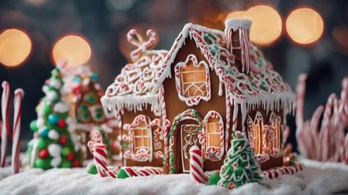 Ein Lebkuchenhaus mit Weihnachtsmotiven, aufwendig verziert mit Zuckergussschnee, Zuckerstangenzäunen und einer Landschaftsgestaltung aus Gummibärchen.