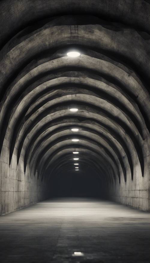 Karanlık bir beton tünelin karamsar bir görüntüsü.